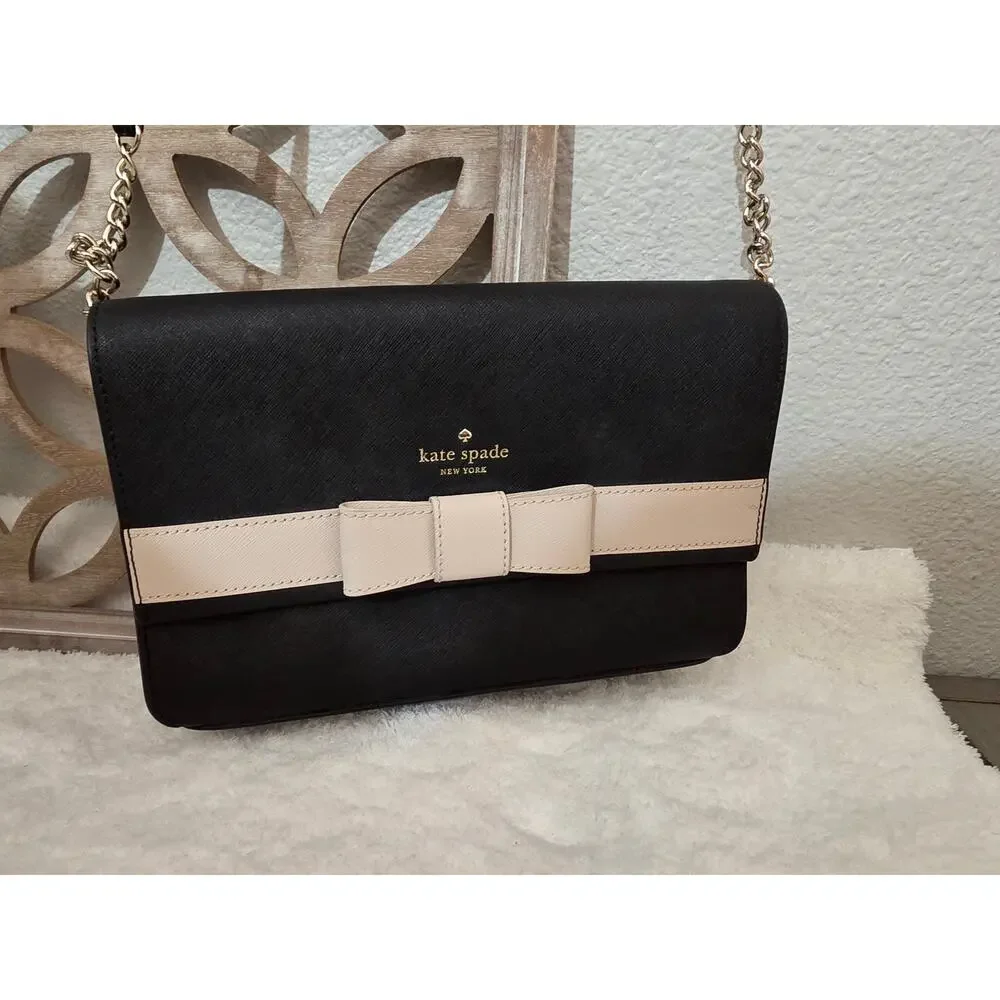 Kate Spade Kirk Park Leather Veronique Crossbody Black/ Taupe Bow (P6)